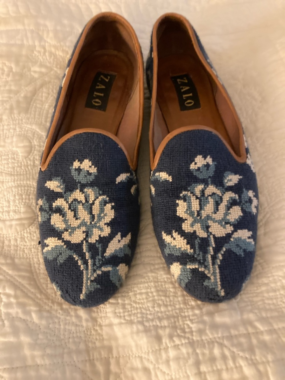 Zalo Navy Blue Floral Needlepoint Loafers